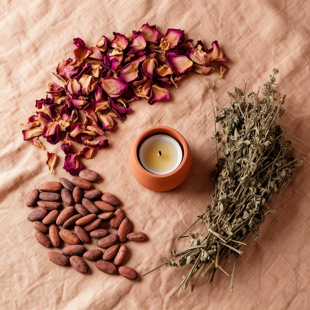 Altar com cacau em grãos, pétalas de rosa e candeia